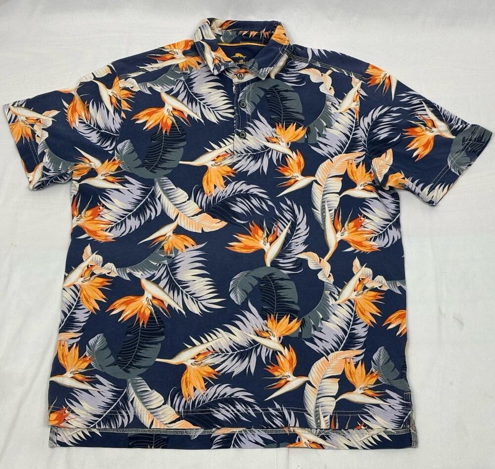 TOMMY BAHAMA Men’s M Polo Shirt Navy Blue Hawaiian Print Short Sleeved Preppy